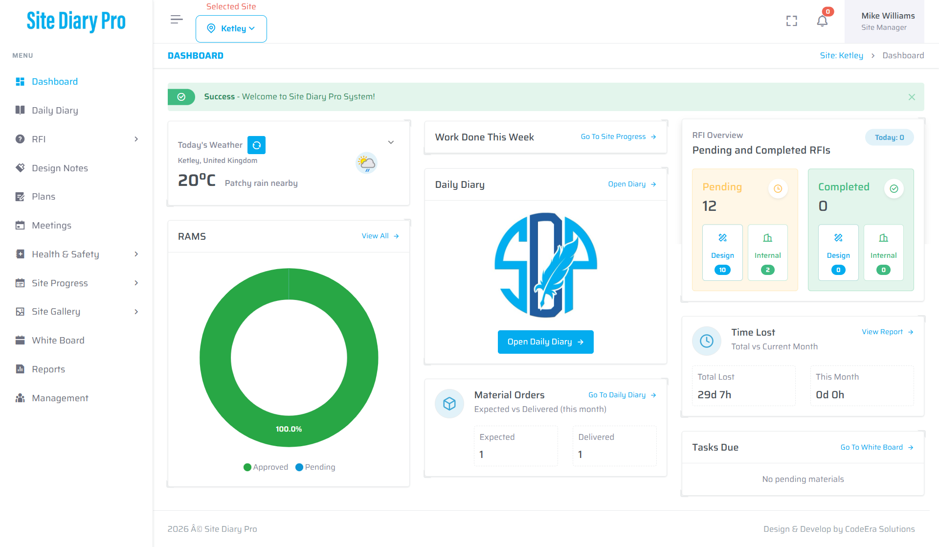 Site Diary Pro dashboard showing weather, RFIs, diary, RAMS, reports, and tasks